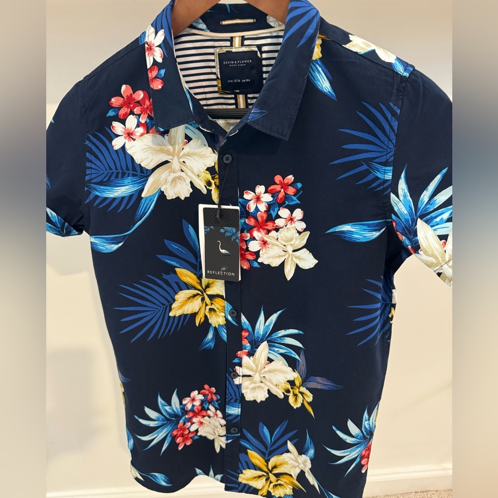 Boys Denim & Flower Button Down Shirt